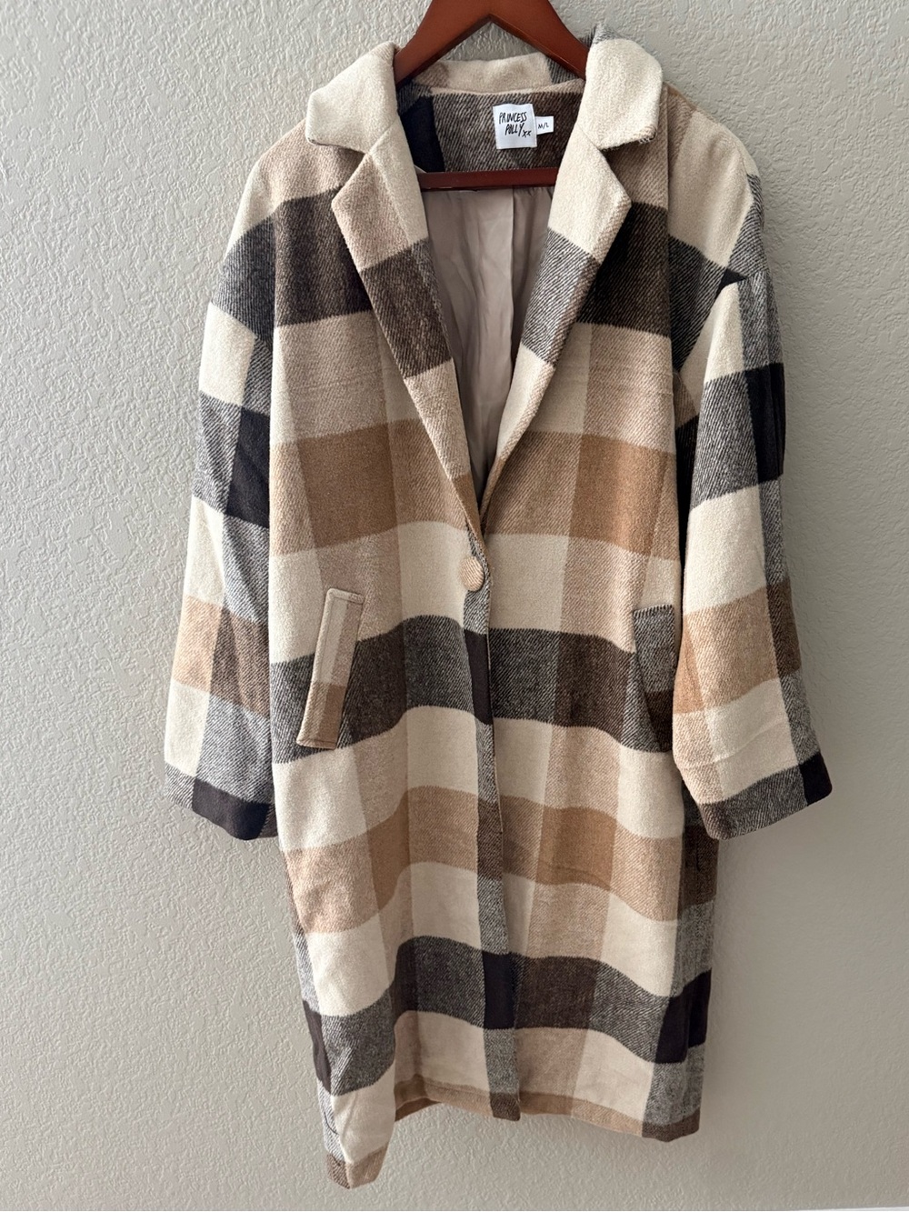 Princess Polly Plaid Oversized Long Coat Brown Cream M/L